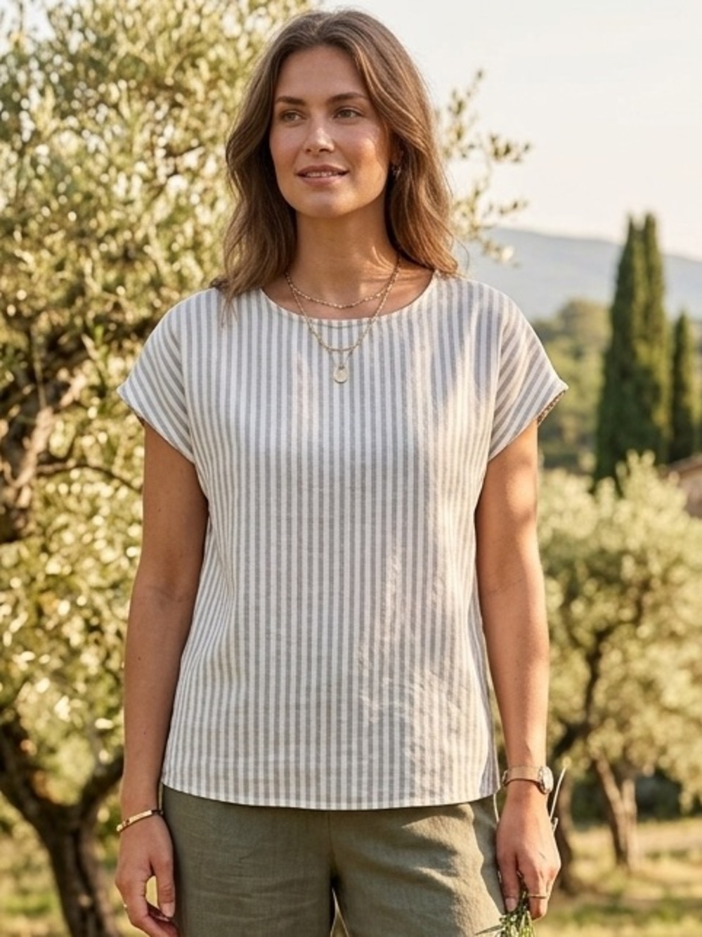 💜 b. young Linen Blend Cap Sleeve Blouse in a Sage and Cream Stripe ($95)